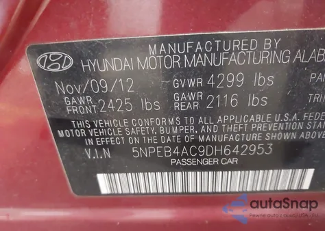 2013 Hyundai Sonata Gls from USA, damaged, VIN 5NPEB4AC9DH642953